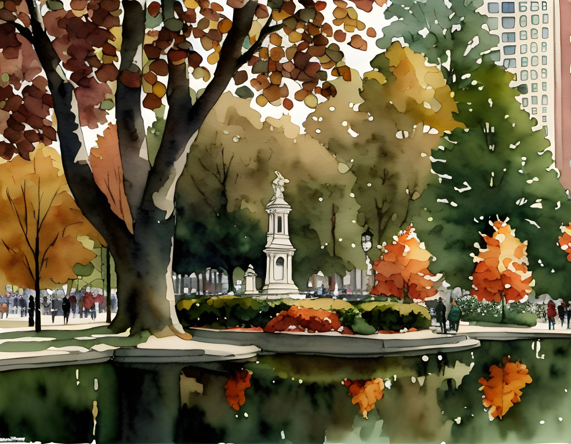 Vibrant autumn park with colorful trees, pond reflection, statue, and strolling people