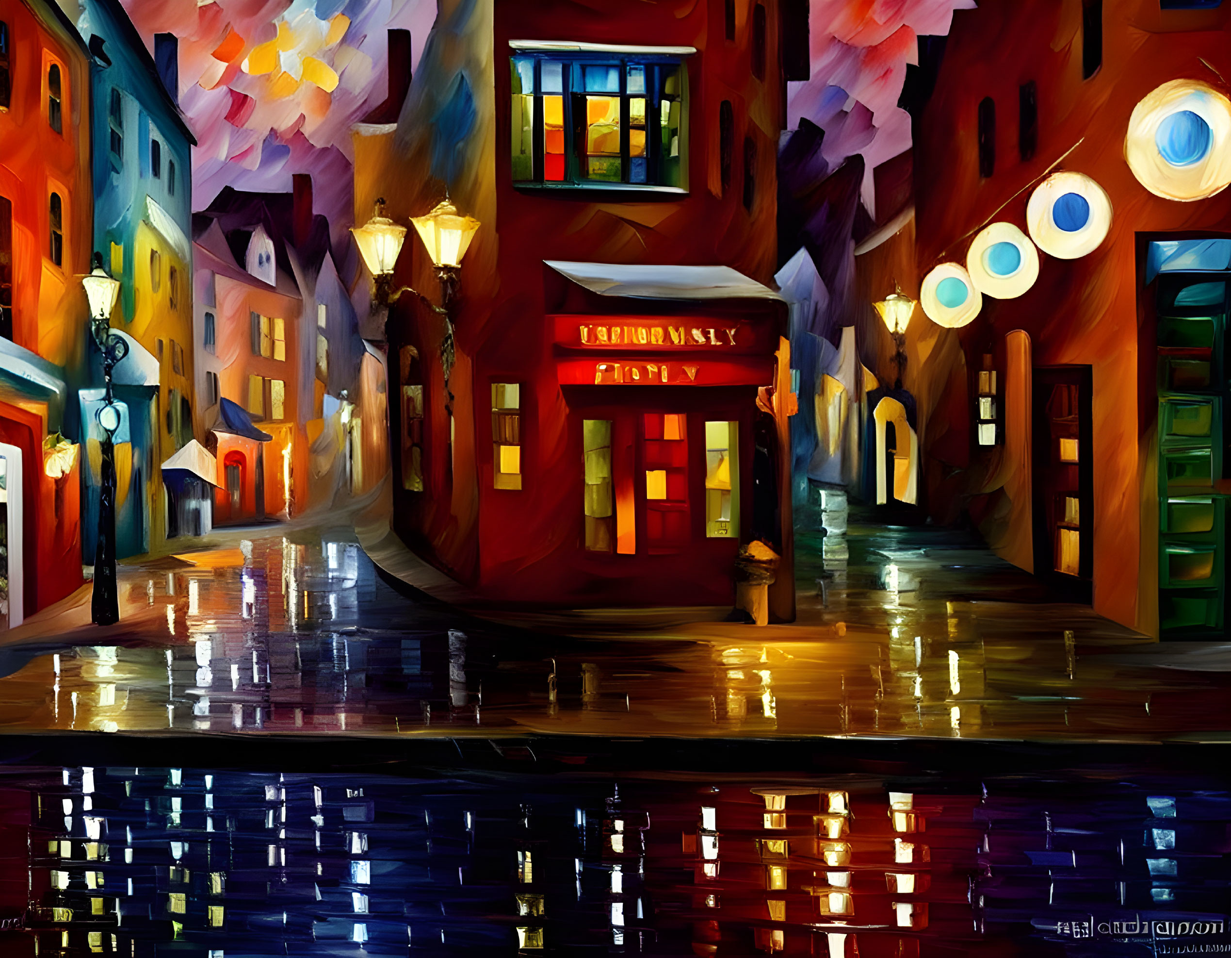 Colorful expressionist-style night street painting with "TRATTORIA" sign.