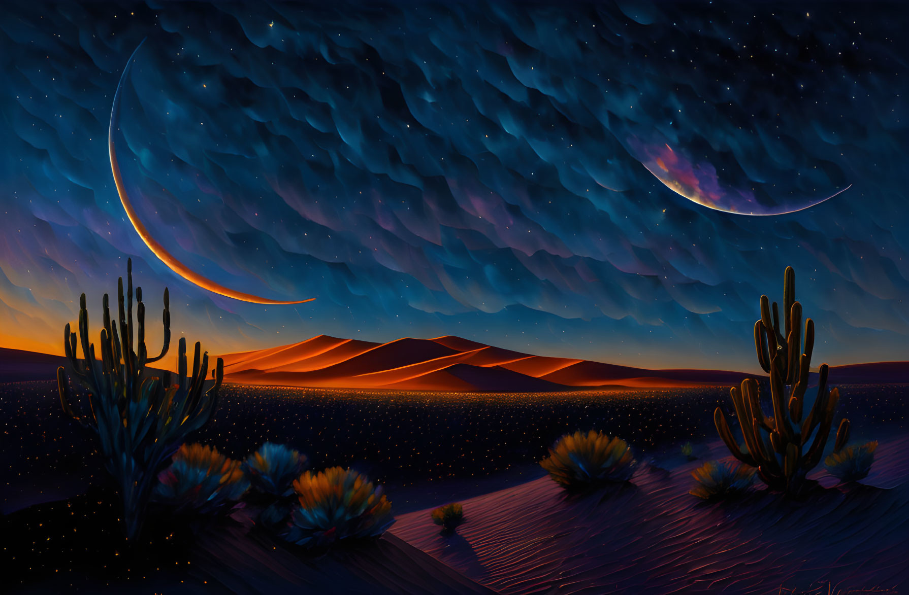 Surreal desert landscape: dual crescent moons, starry sky, sand dunes, c