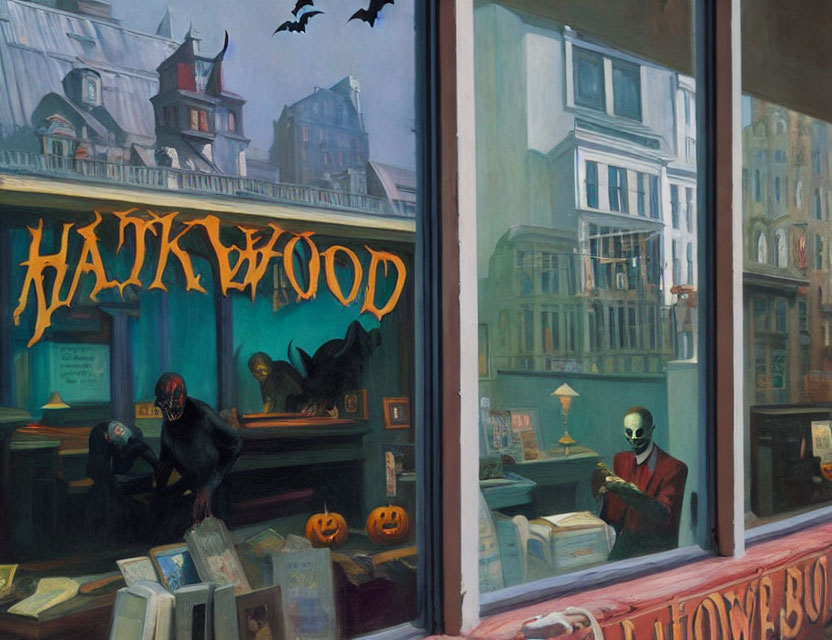 Spooky Halloween-themed painting of a bookstore with skeletons, cobwebs, and pumpkins