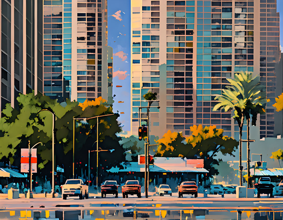 Vibrant cityscape with skyscrapers, trees, cars, and blue skies