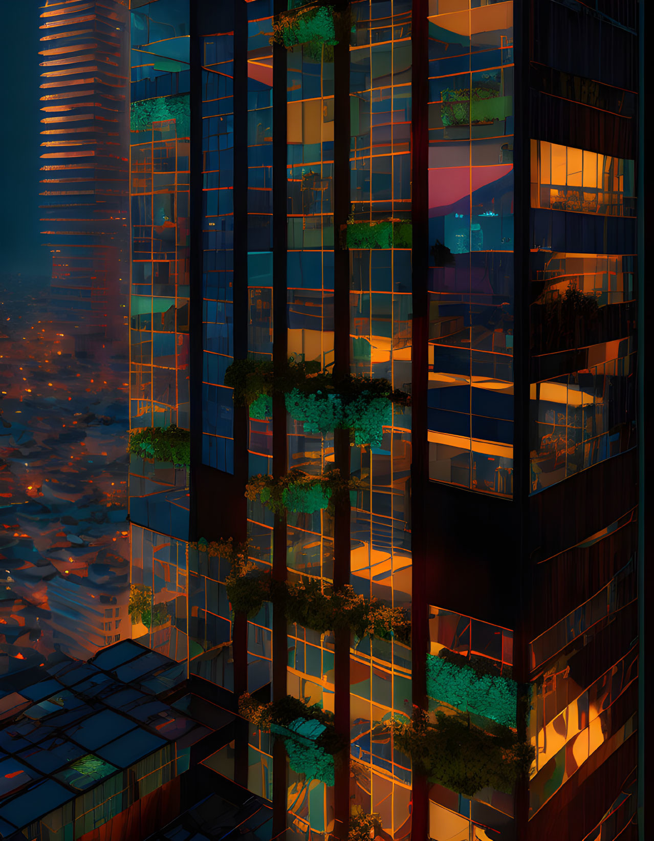 Futuristic skyscraper with verdant terraces in neon-lit cityscape