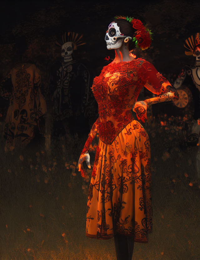 Person in Vibrant Orange Dress with Skull Mask and Floral Headpiece Surrounded by Shadowy Figures with