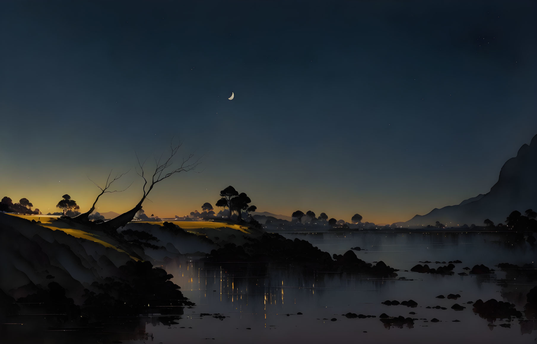 Tranquil nighttime scene with crescent moon over serene lake