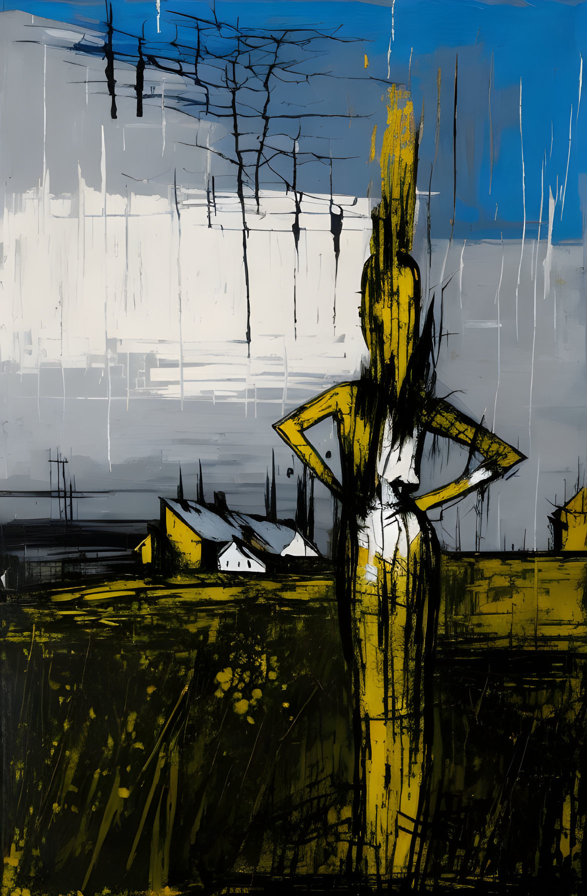 Yellow Dress Silhouette in Abstract Landscape with Black Trees