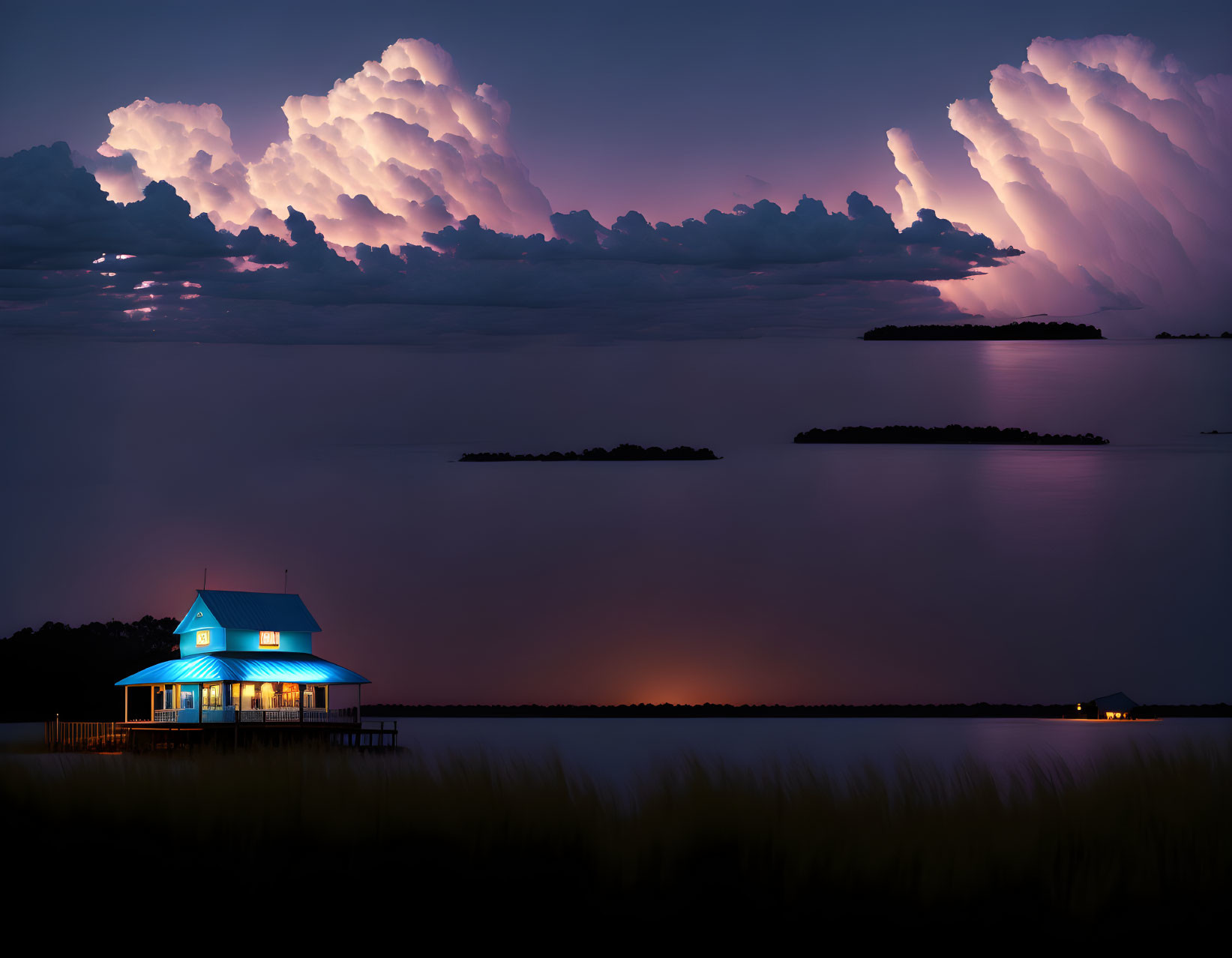 Tranquil night scene with illuminated pier house, sunset clouds, and calm water.