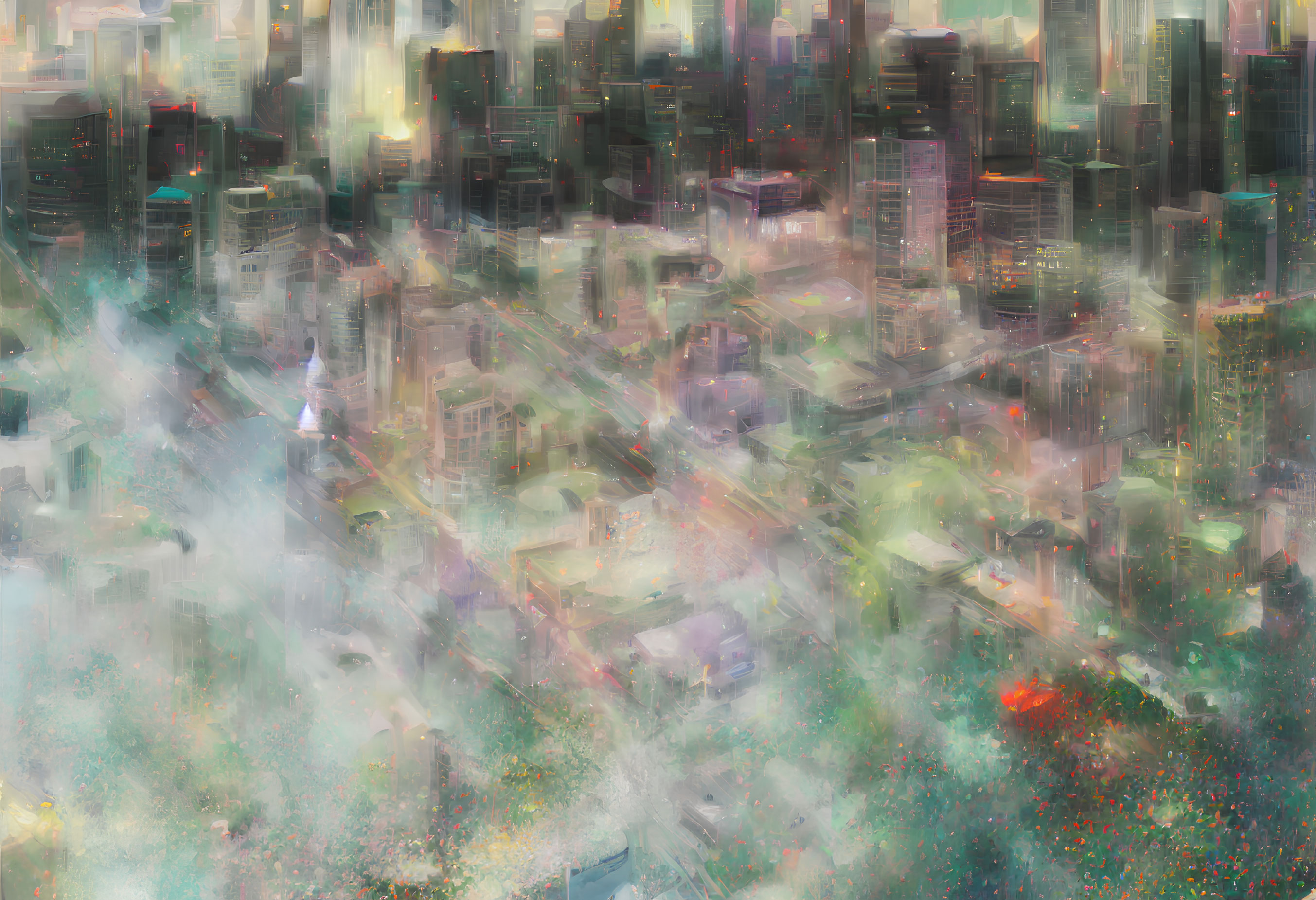 Colorful abstract cityscape painting with blurred strokes depicting urban life.