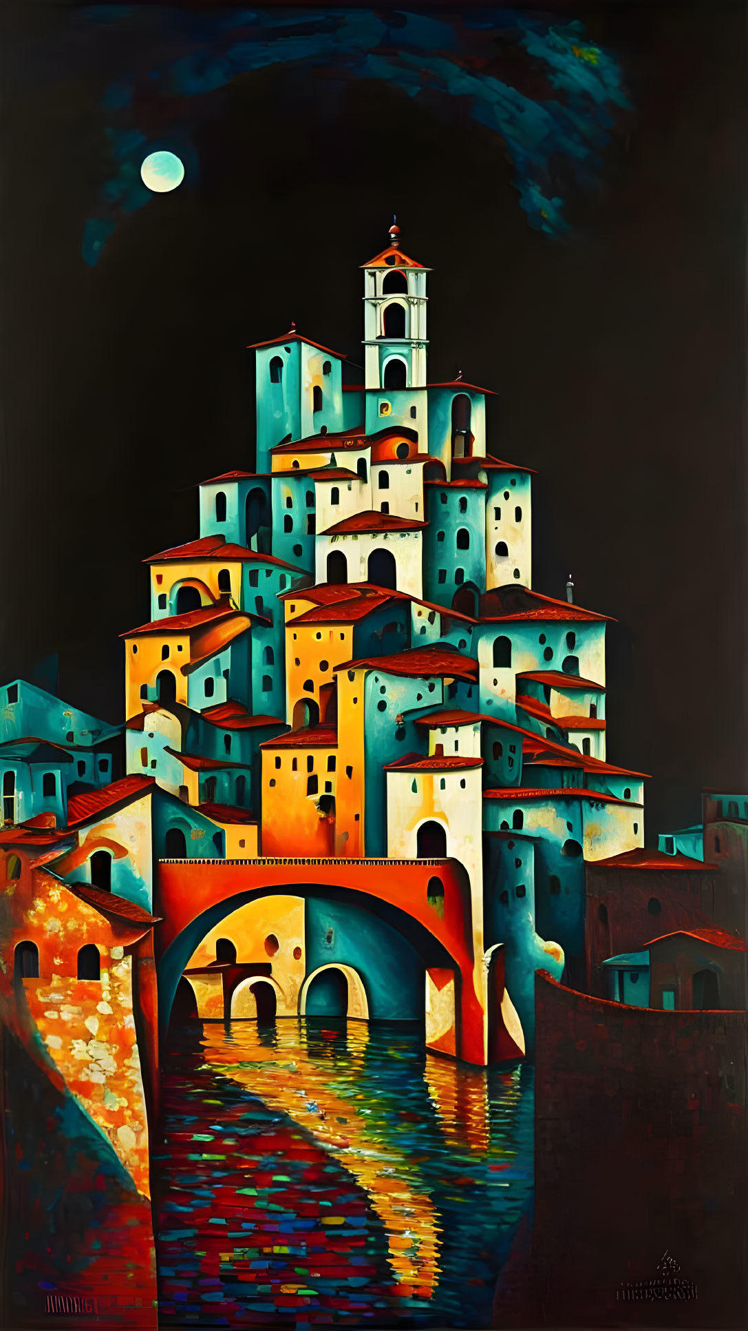 Vibrant multi-tiered town painting with moonlit reflections