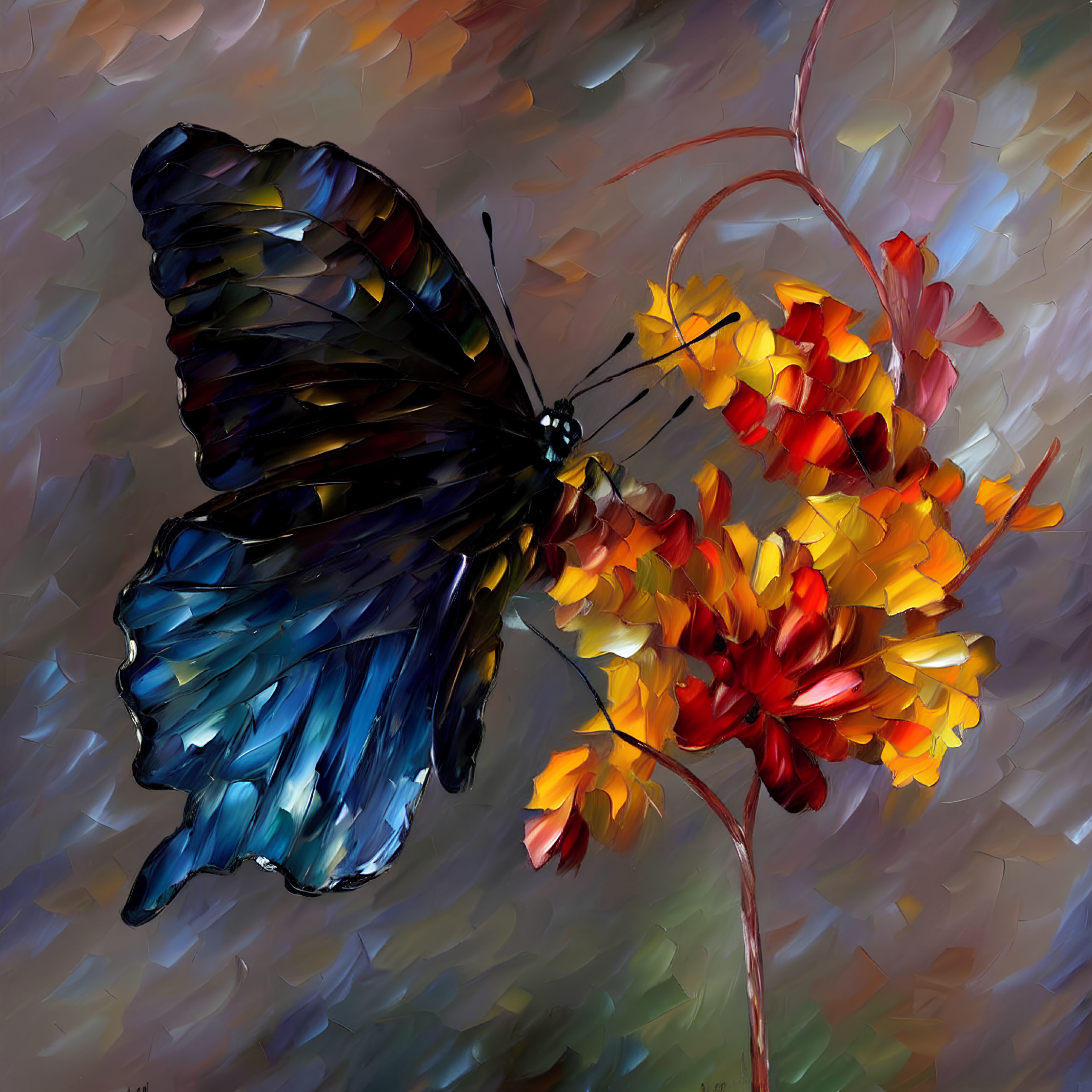 Colorful Butterfly on Abstract Flowers with Brushstroke Background