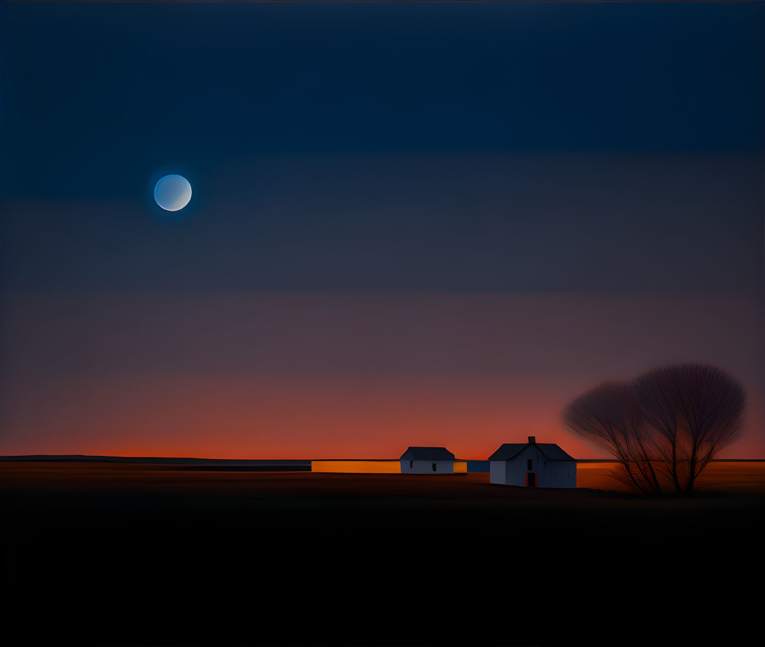 Tranquil twilight landscape with orange horizon, silhouetted tree, buildings, and crescent