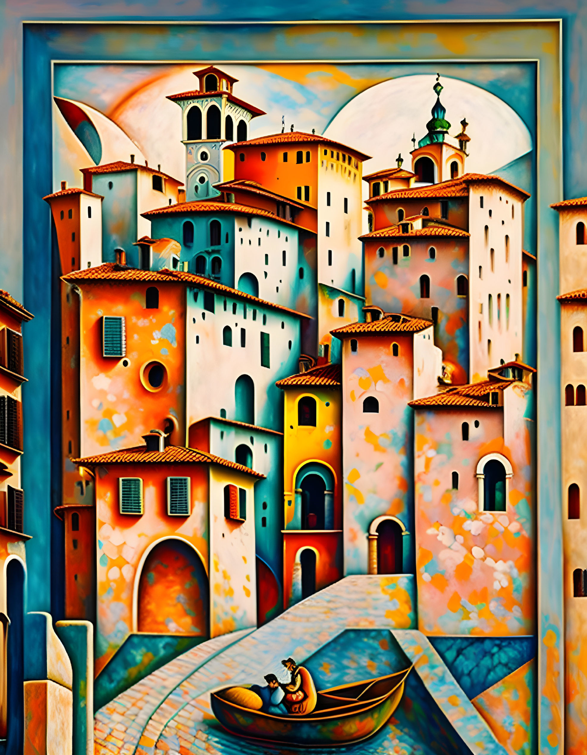 Stylized painting of old European town with terracotta rooftops, canal, and whimsical