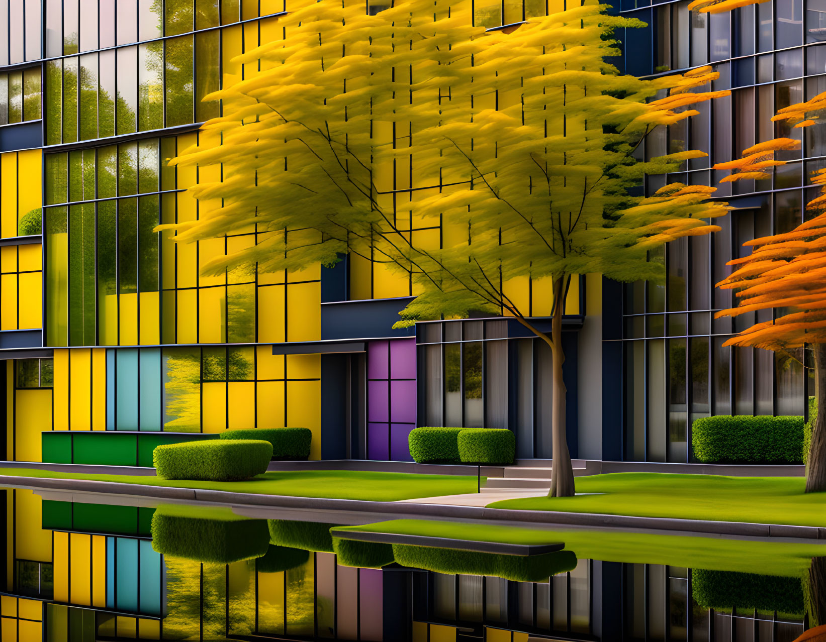 Colorful modern building with yellow and purple panels, water reflection, and lush greenery