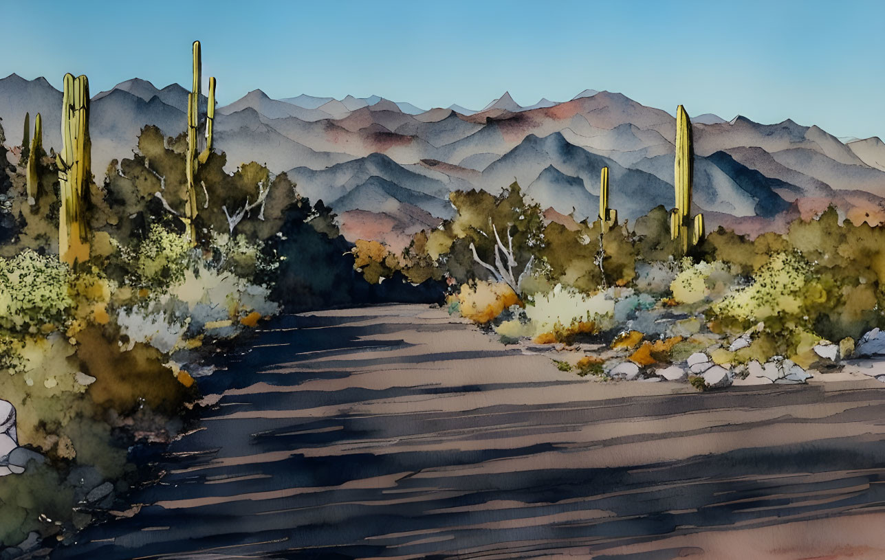 Desert scene with cacti, dirt road, and mountains in watercolor