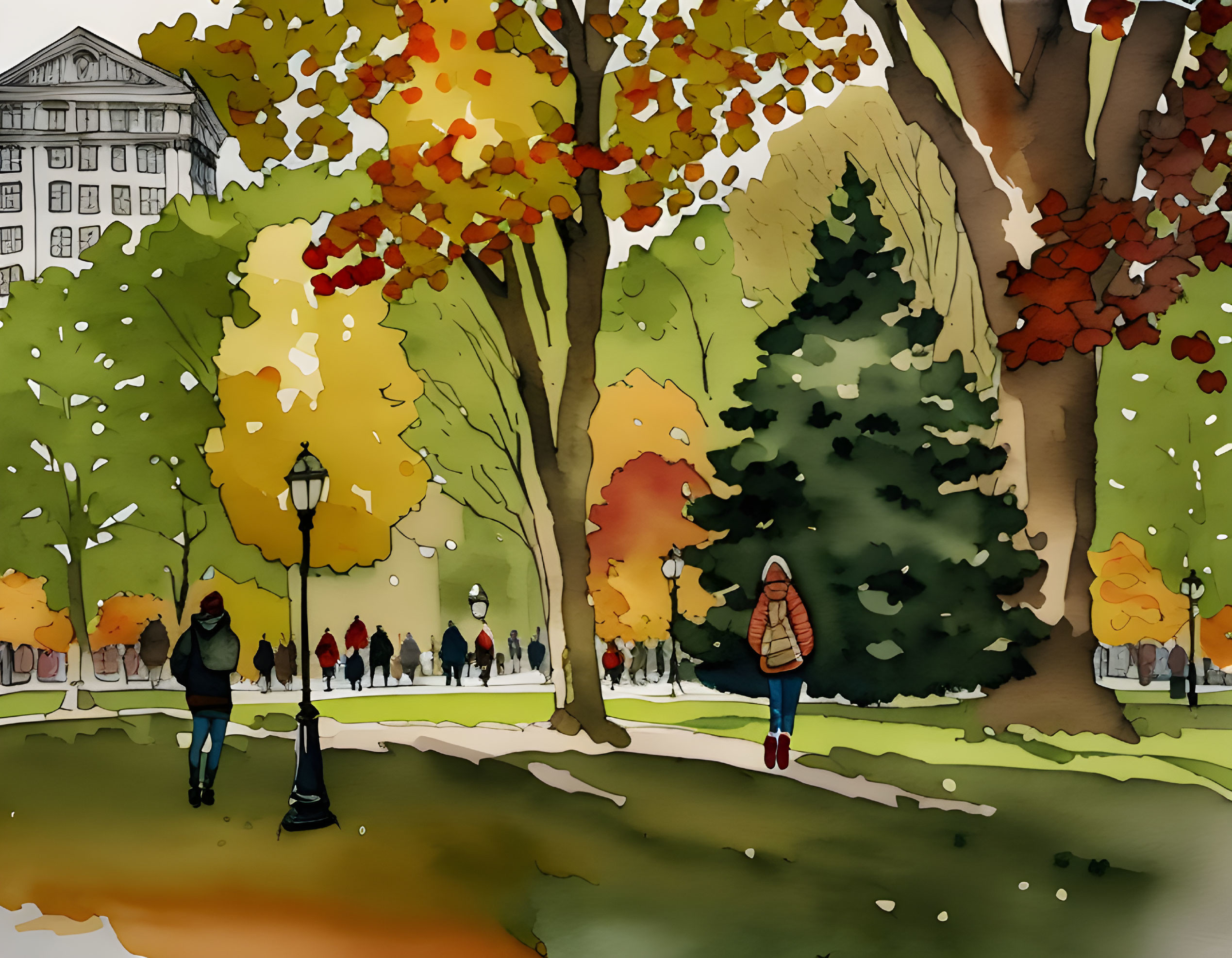 Autumn park watercolor illustration with colorful trees and vintage street lamps