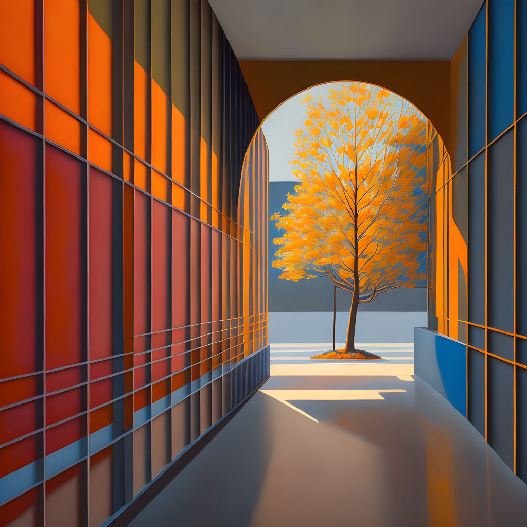 Colorful Vertical Panels Frame Solitary Orange Tree in Vibrant Hallway