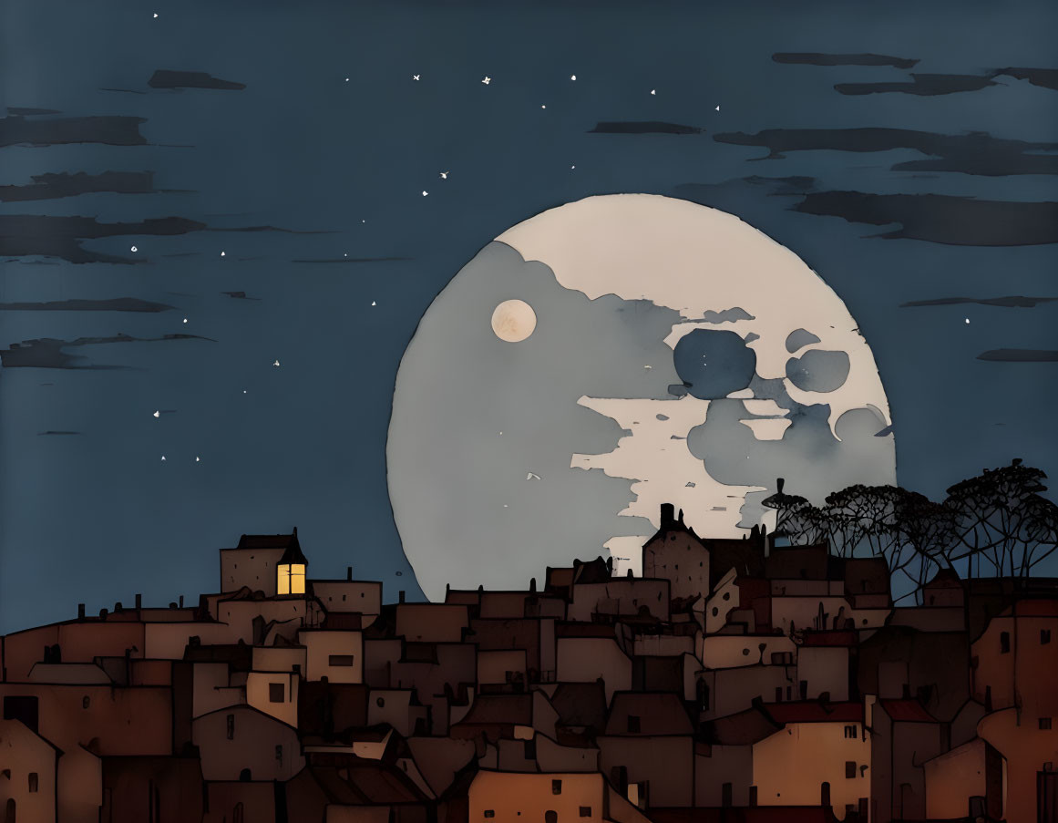 Stylized town night scene with large moon and glowing window