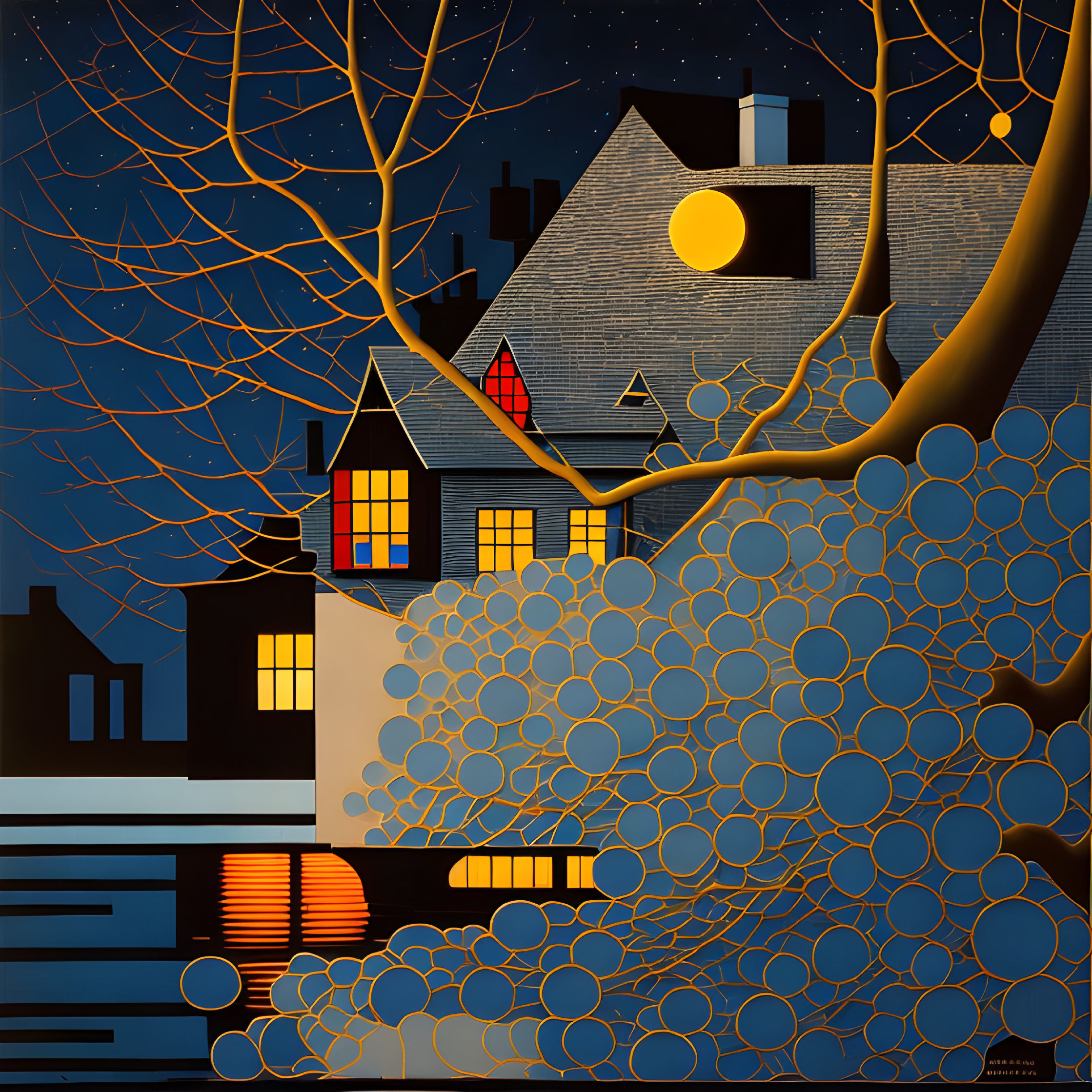 Stylized artwork of a night house scene with circular foliage patterns