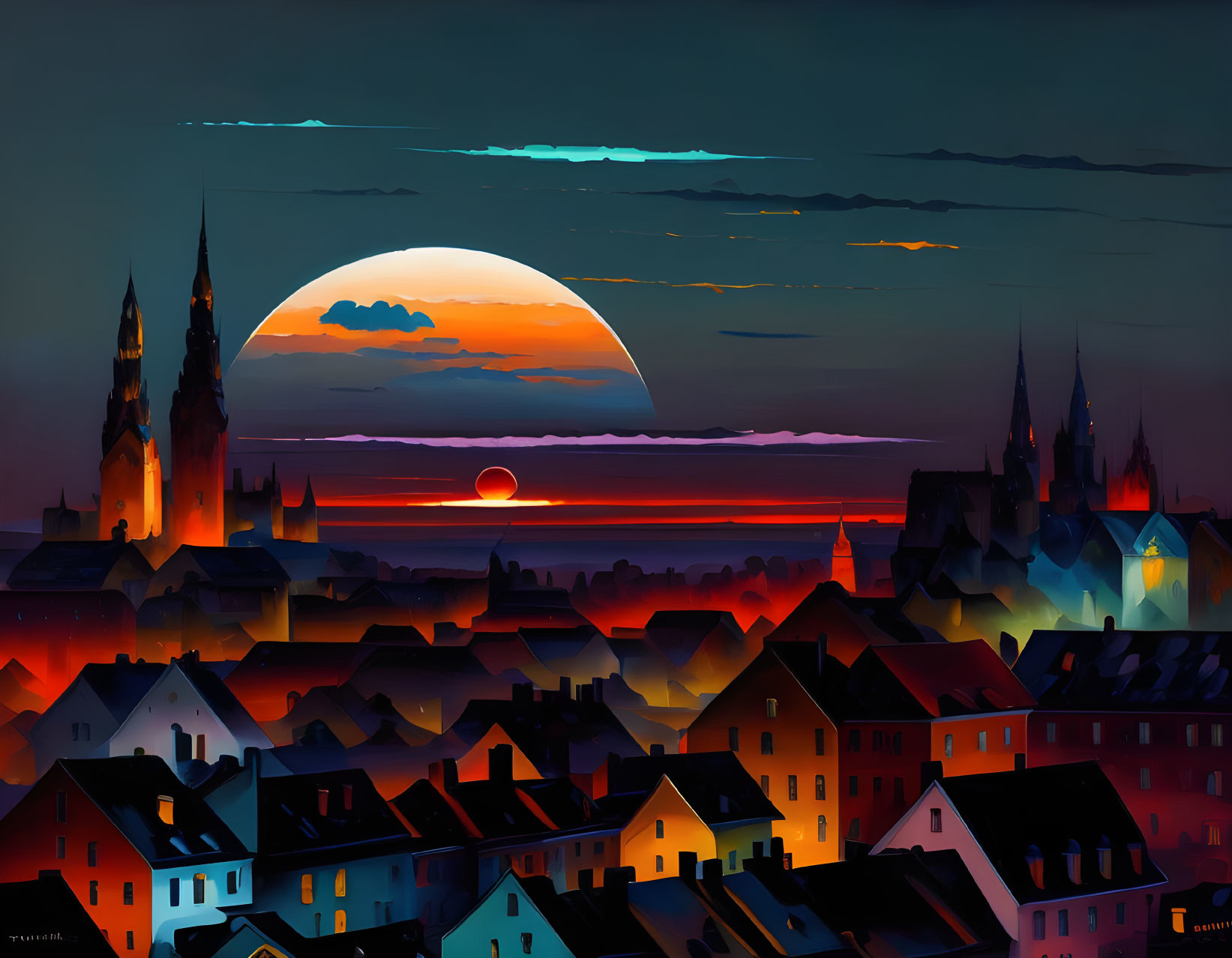 Cityscape Sunset Artwork: Moon, Silhouetted Spires, Warm Lights, Vibrant