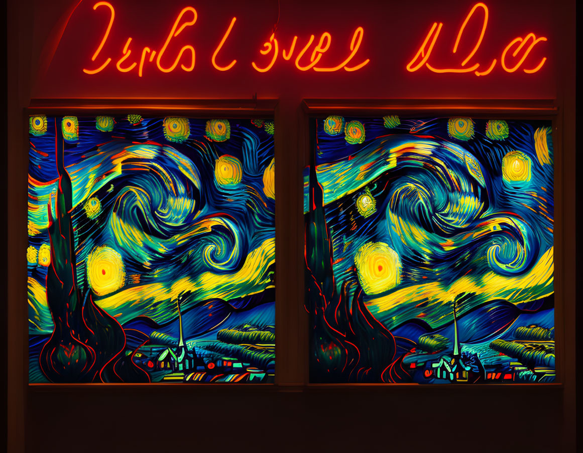 Split Panel Neon Starry Night Artwork with Red Sign