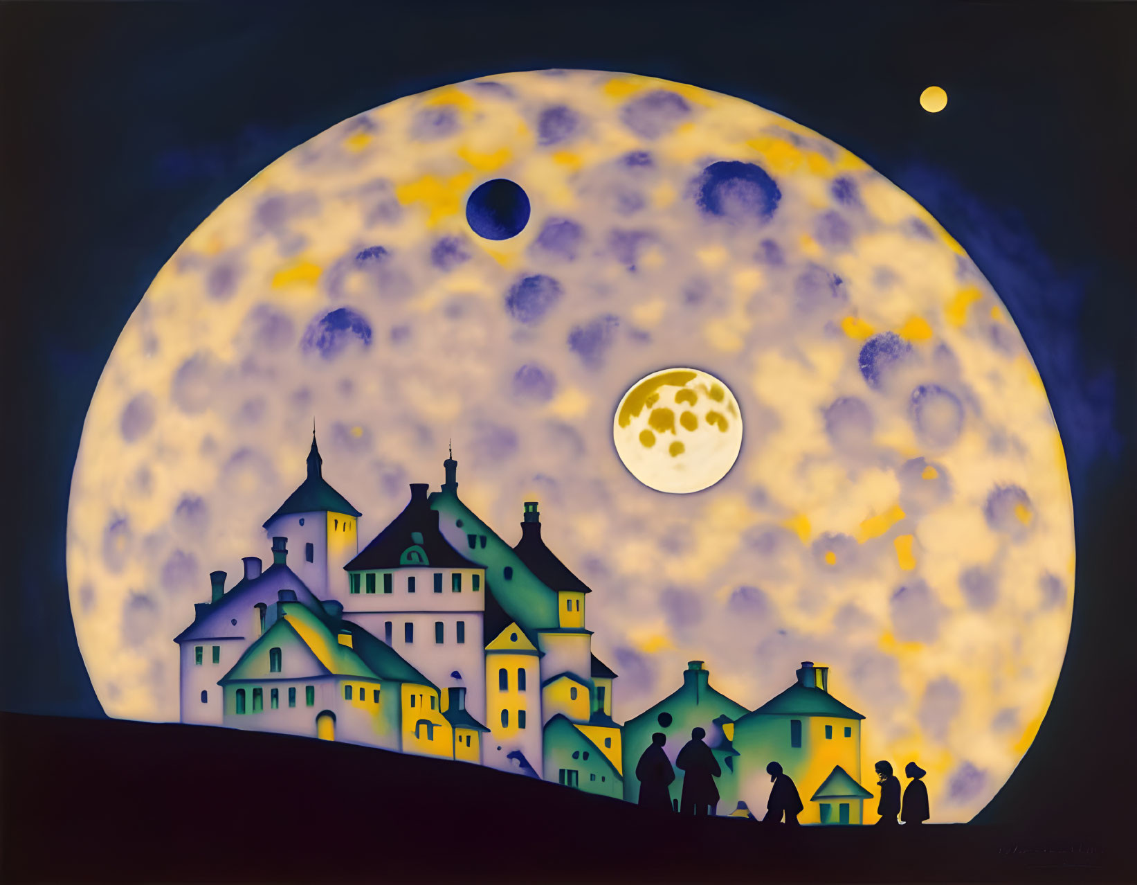 Stylized painting of oversized moon over village with vibrant colors