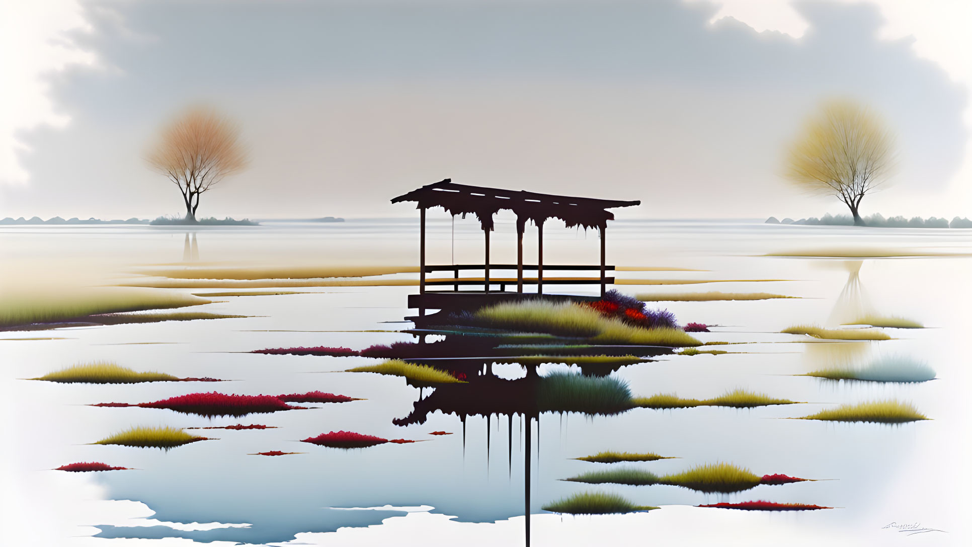 Tranquil landscape with wooden gazebo, reflective water, sparse trees, colorful foliage, and h