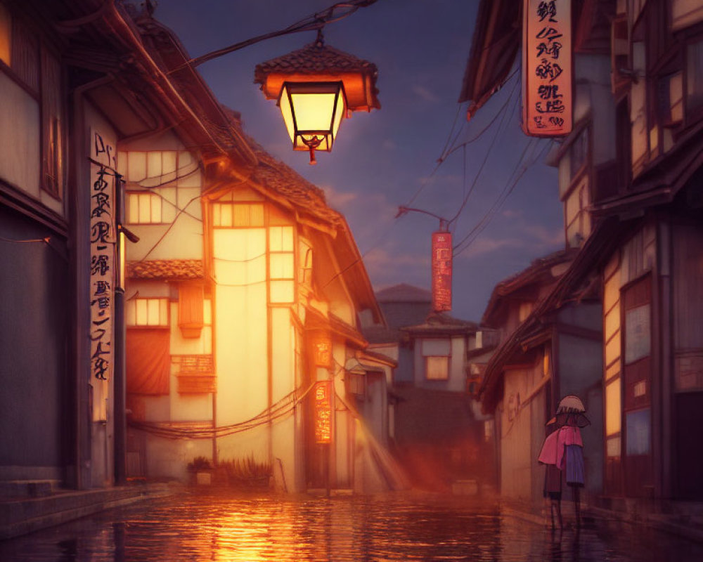 Illustration of girl with umbrella on flooded cobblestone street at dusk