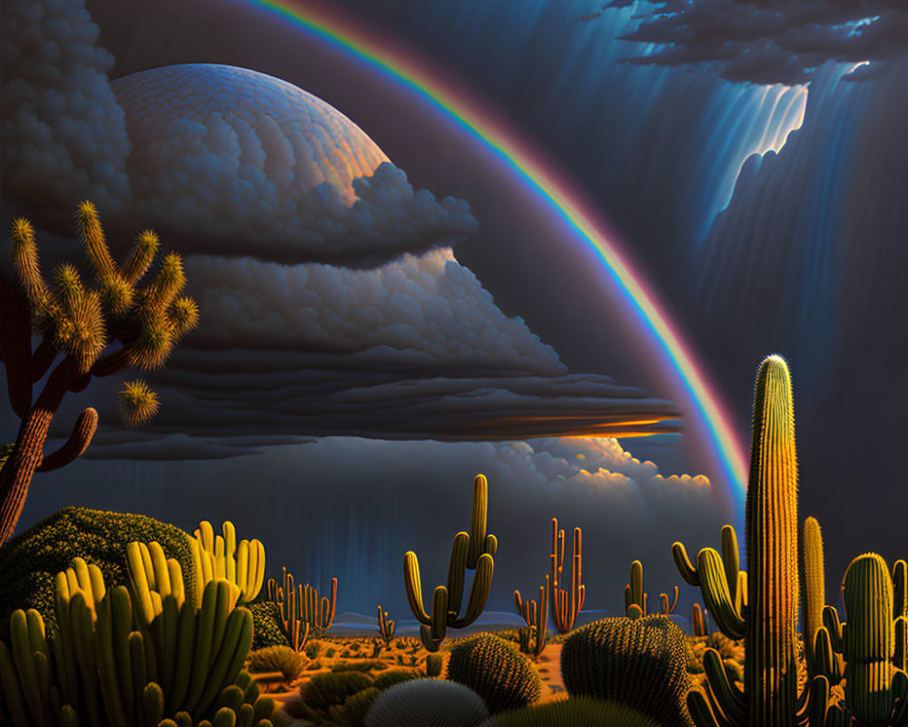 Colorful desert landscape with cacti, rainbow, and dramatic sky