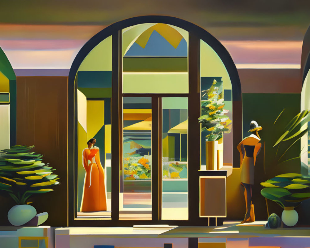 Art Deco style illustration of two figures by a window overlooking vibrant landscape