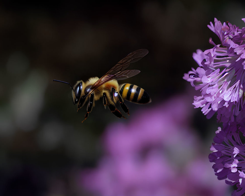 Yellow and Black Striped Bee Near Vibrant Purple Flowers