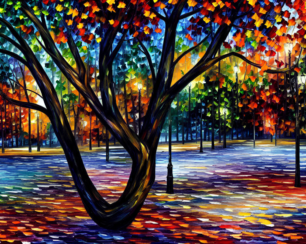 Colorful Park Scene with Twisted Trees and Multicolored Canopy