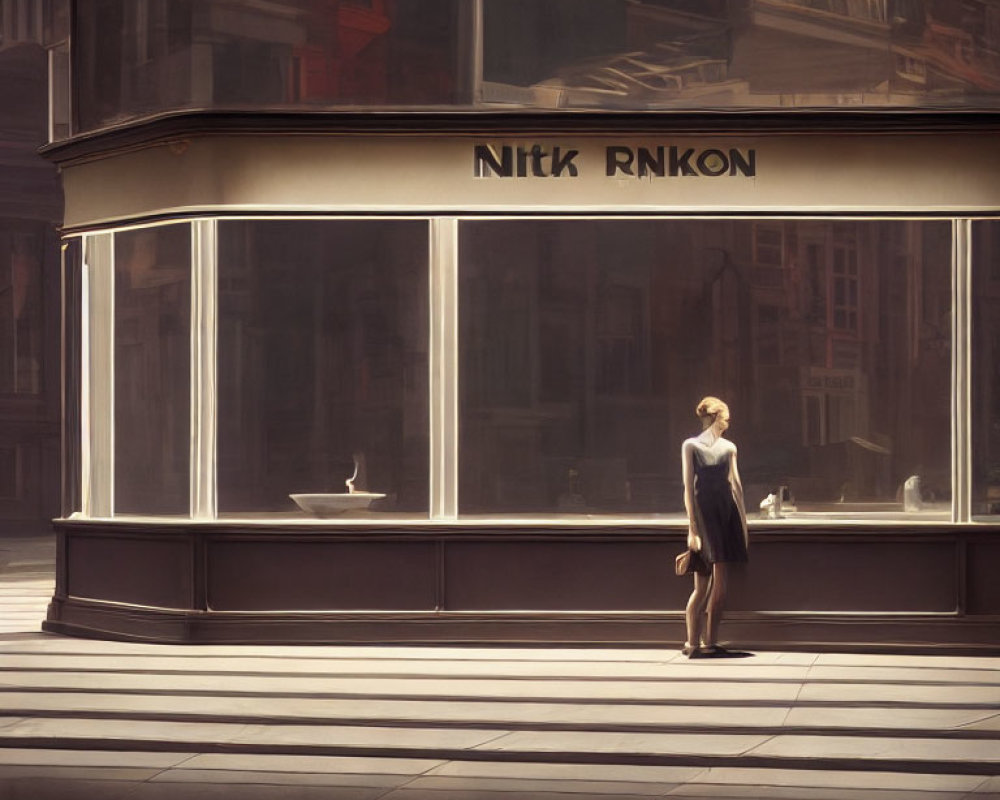 Woman standing at corner store under warm, soft glow.