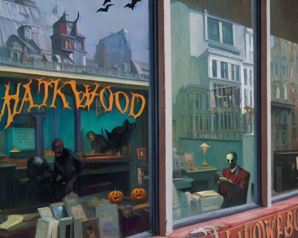 Spooky Halloween-themed painting of a bookstore with skeletons, cobwebs, and pumpkins