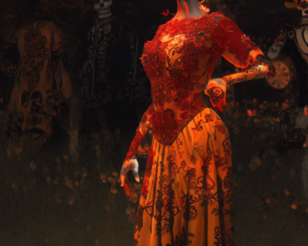 Person in Vibrant Orange Dress with Skull Mask and Floral Headpiece Surrounded by Shadowy Figures with