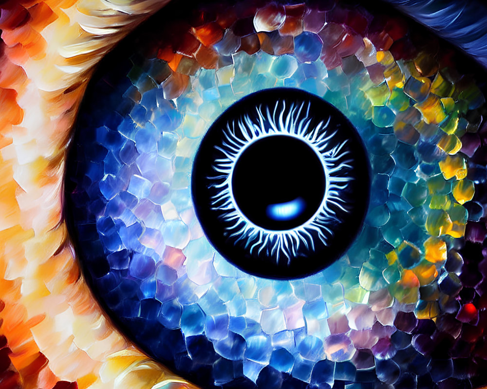 Detailed Close-Up Illustration of Human Eye with Mosaic-Like Iris