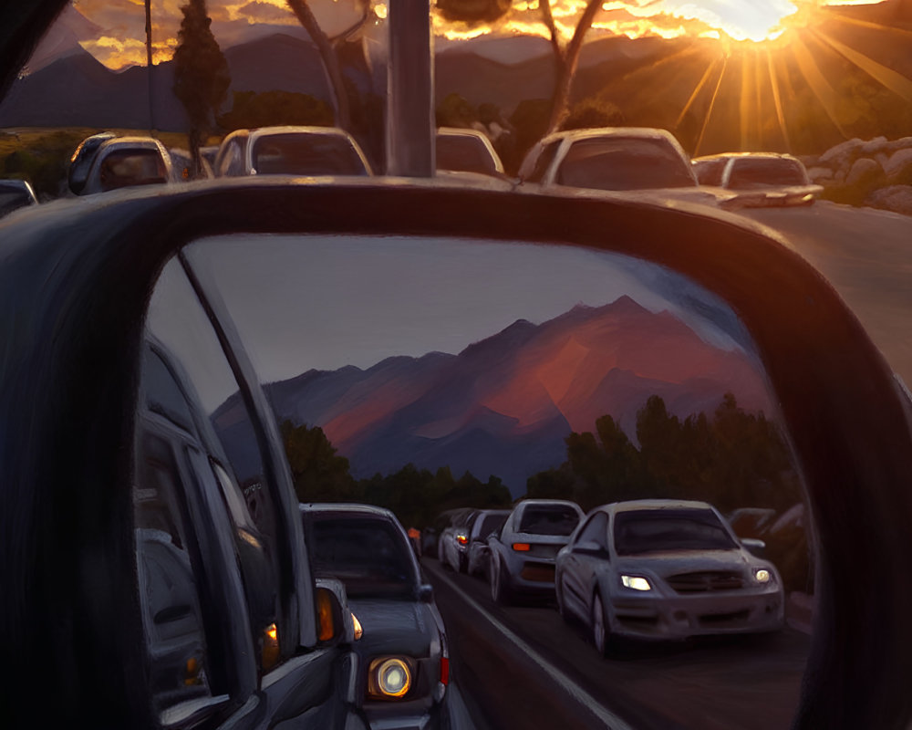 Traffic jam at sunset with cars reflecting mountain range