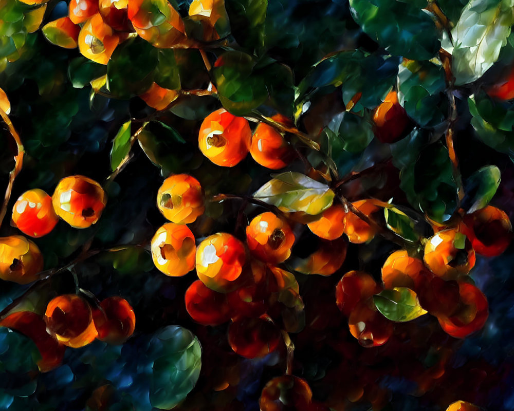 Colorful Impressionistic Painting of Sunlit Fruits and Leaves