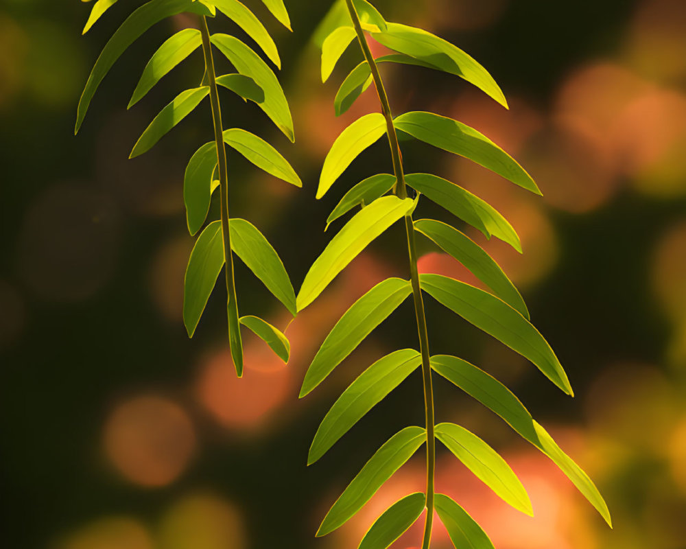 Green leaves with sunlight filtering through against warm golden bokeh background.