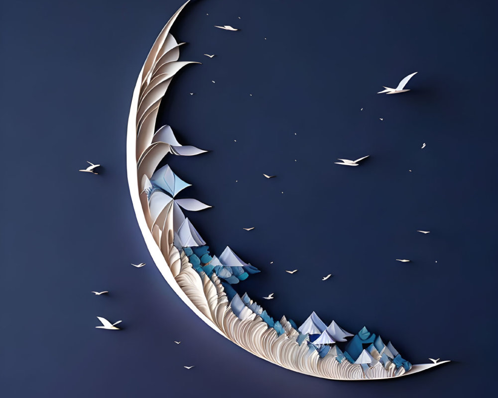 Paper art: Crescent moon & birds in flight on blue background