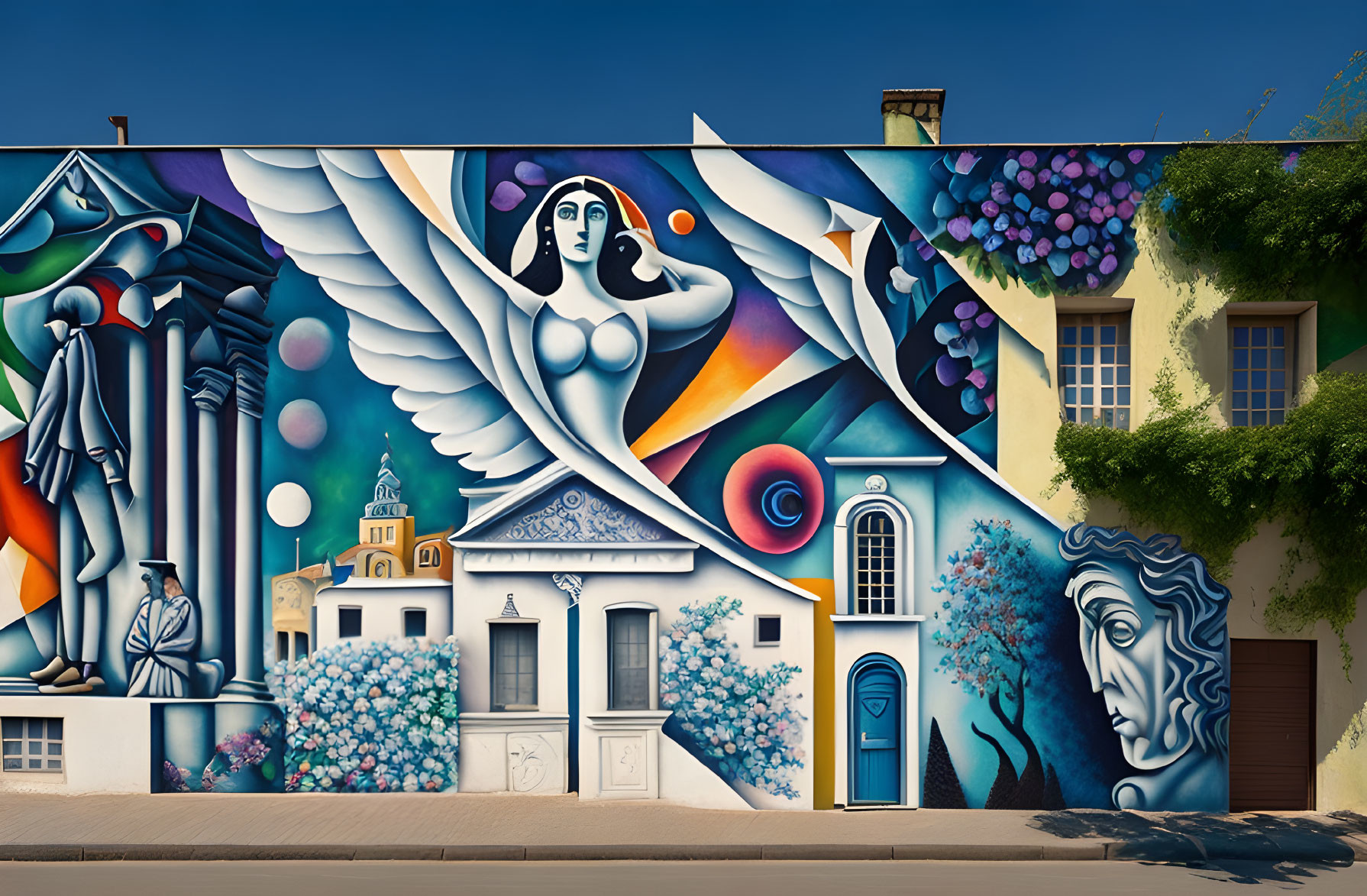 Colorful Surrealist Mural Featuring Angelic Figure and Abstract Patterns