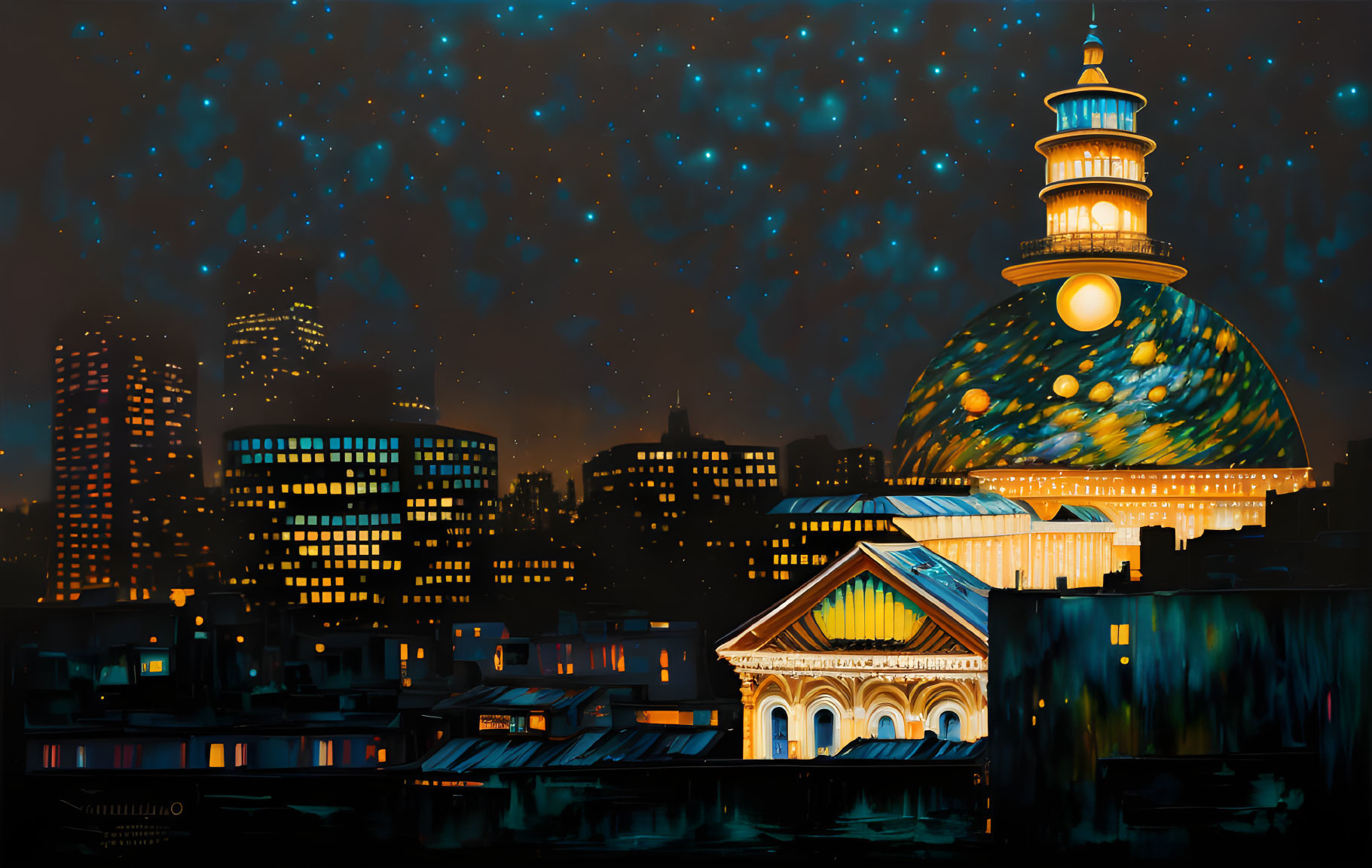 Illuminated dome building in nighttime cityscape