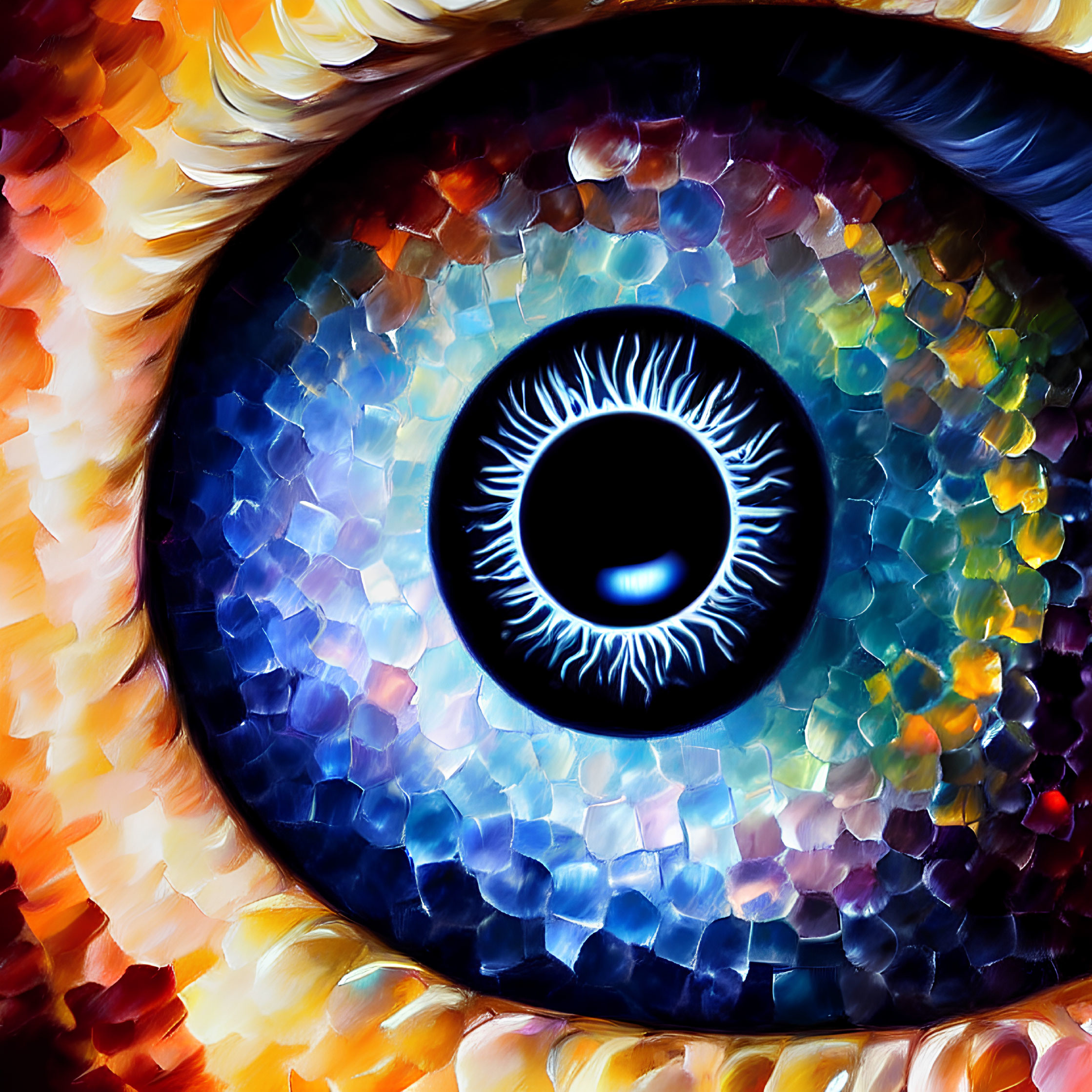 Detailed Close-Up Illustration of Human Eye with Mosaic-Like Iris