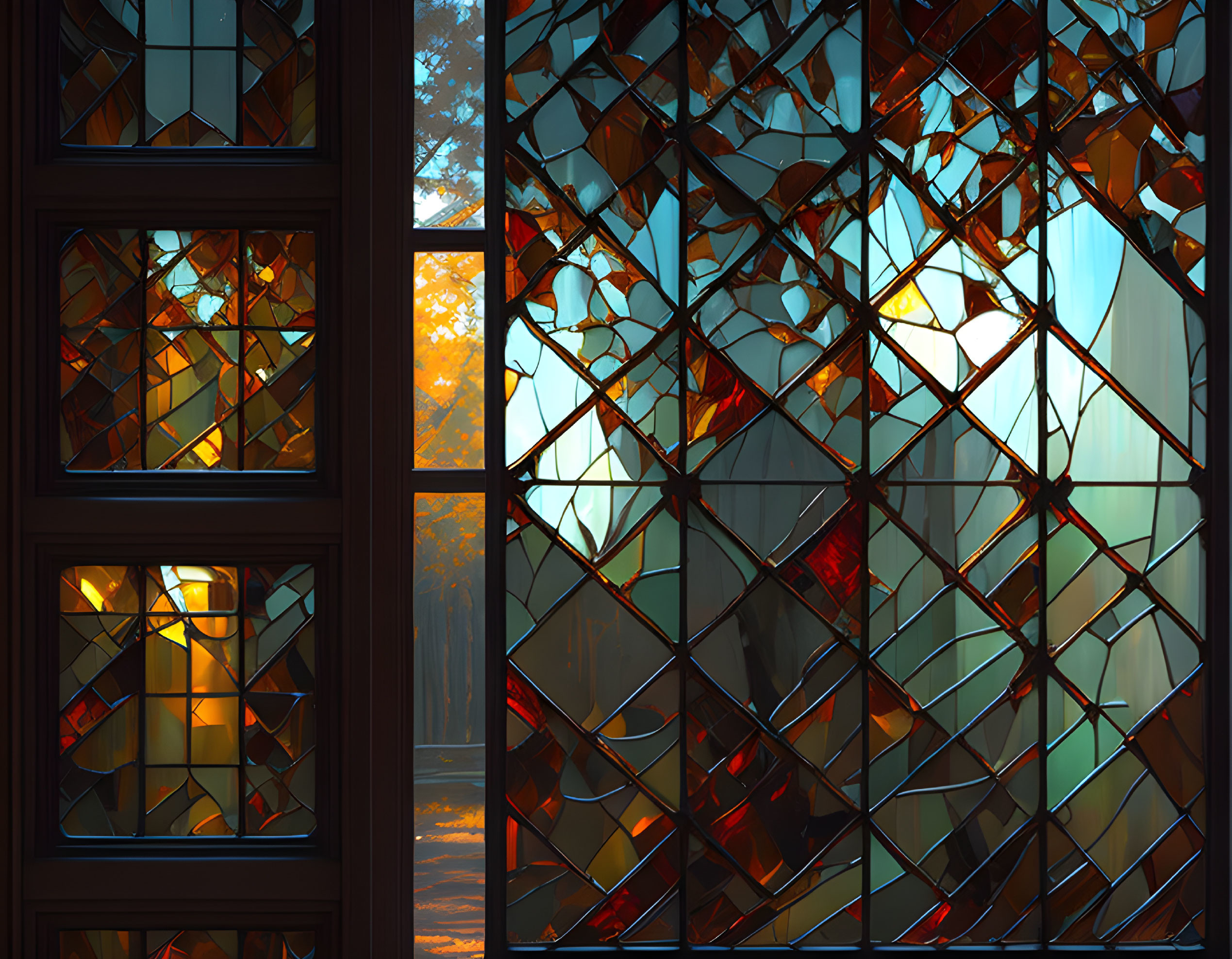 Intricate warm-hued stained glass windows with tree glimpse