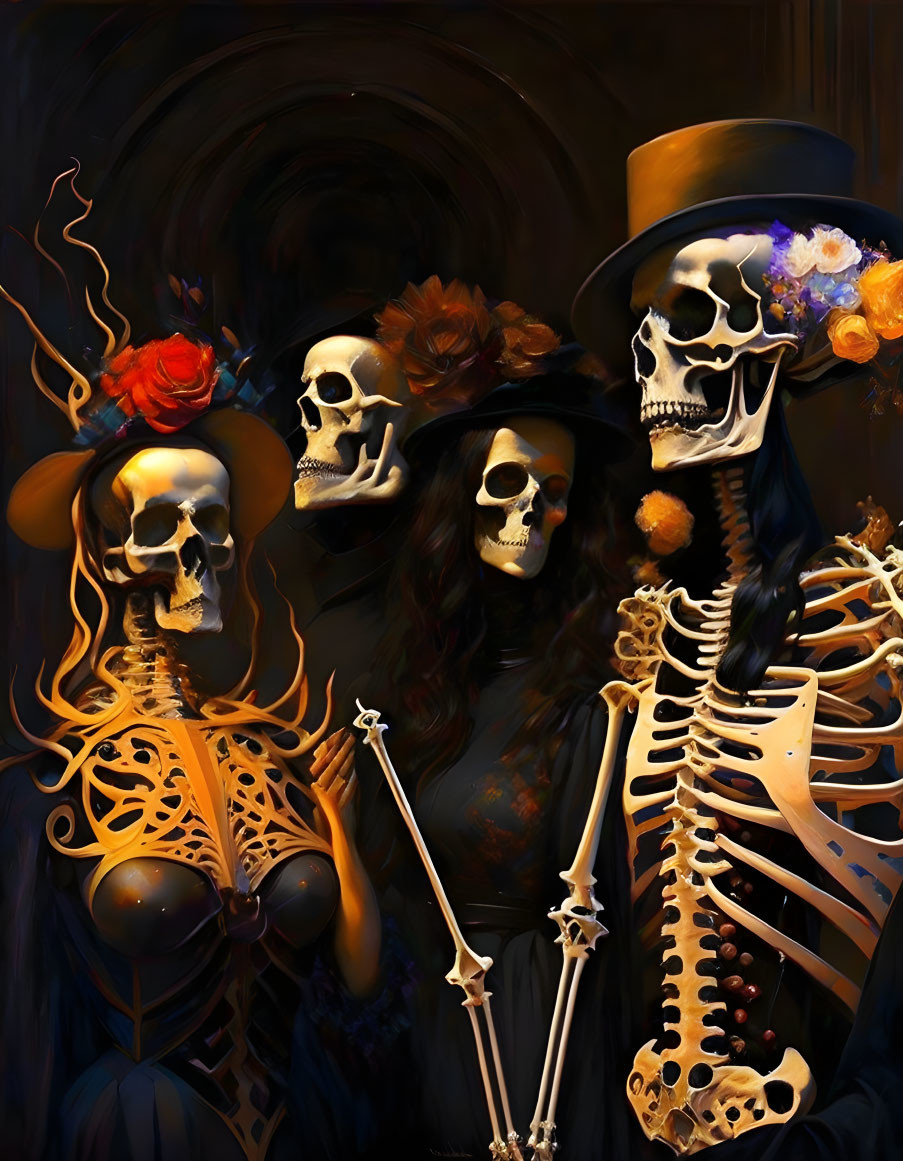 Stylized skeletons with hats and flowers in Day of the Dead theme against dark tunnel.