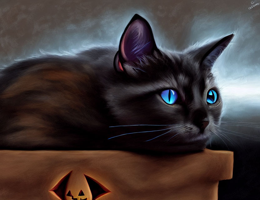 Digital artwork of dark-furred cat with blue eyes and pumpkin, Halloween theme