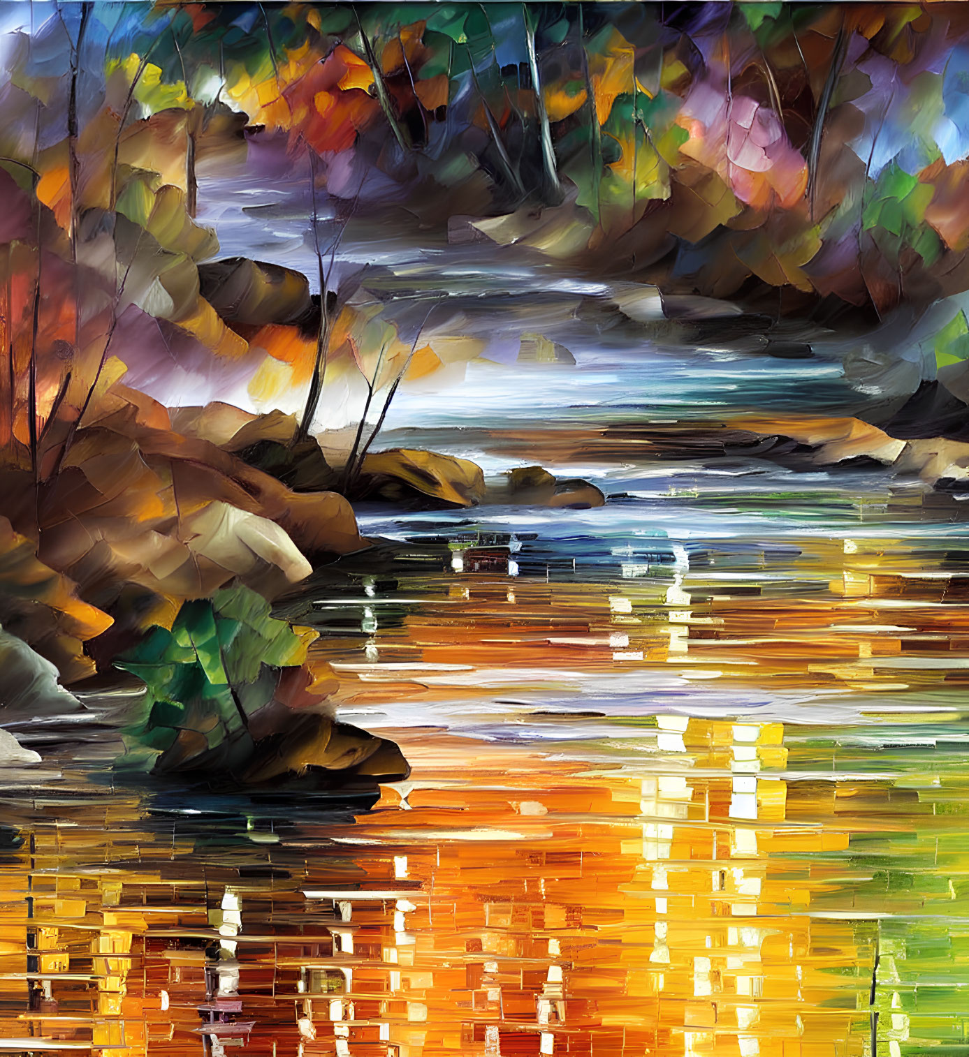 Impressionistic painting of autumn river with vibrant sky