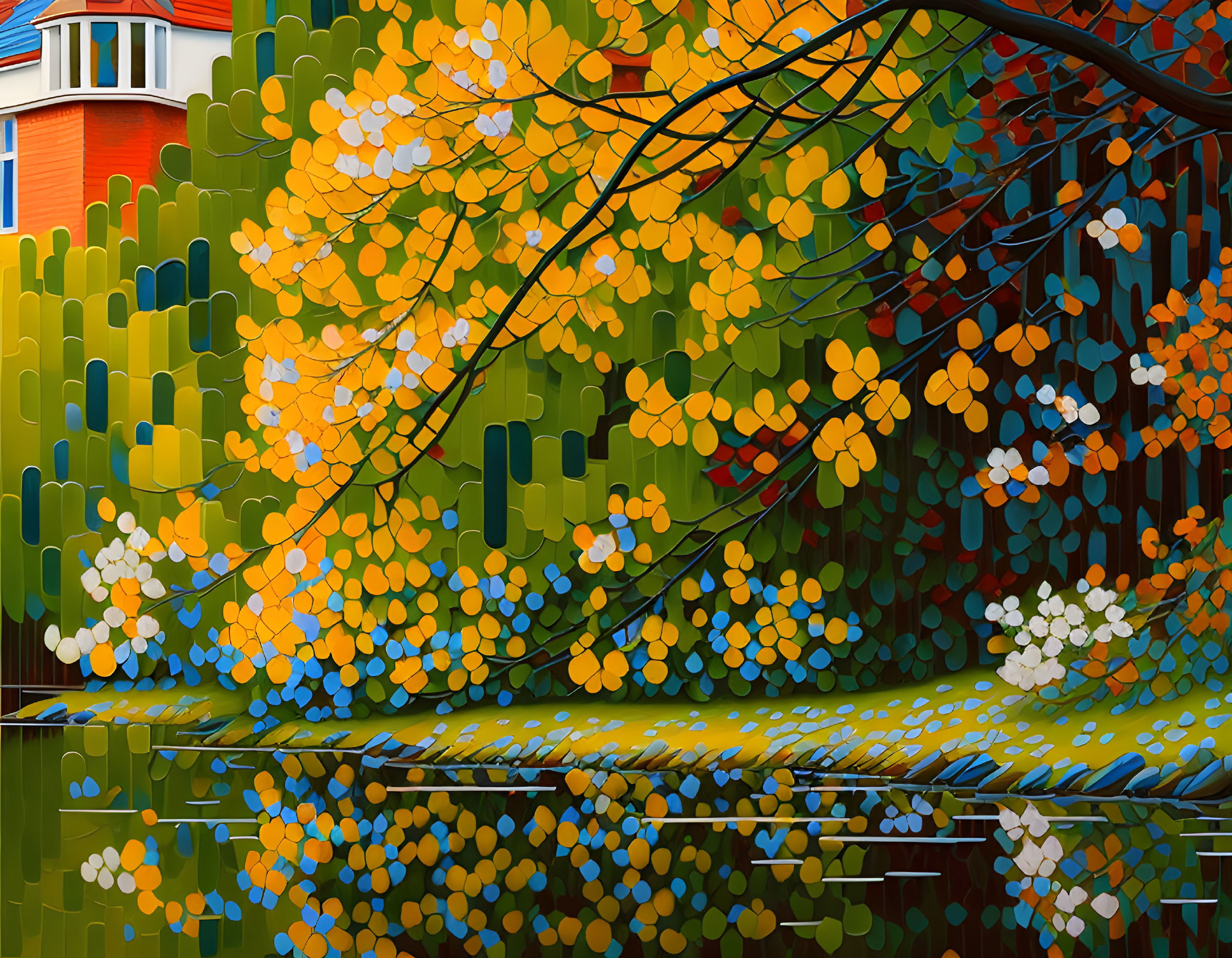 Colorful Autumn Trees Reflection in Water Artwork