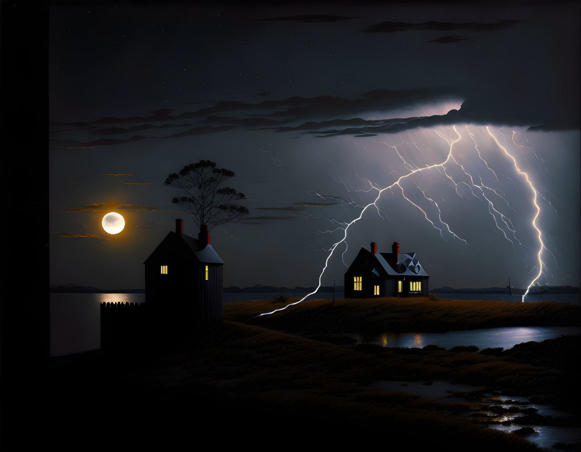 Nocturnal landscape with illuminated houses, full moon, starry sky, and lightning bolt