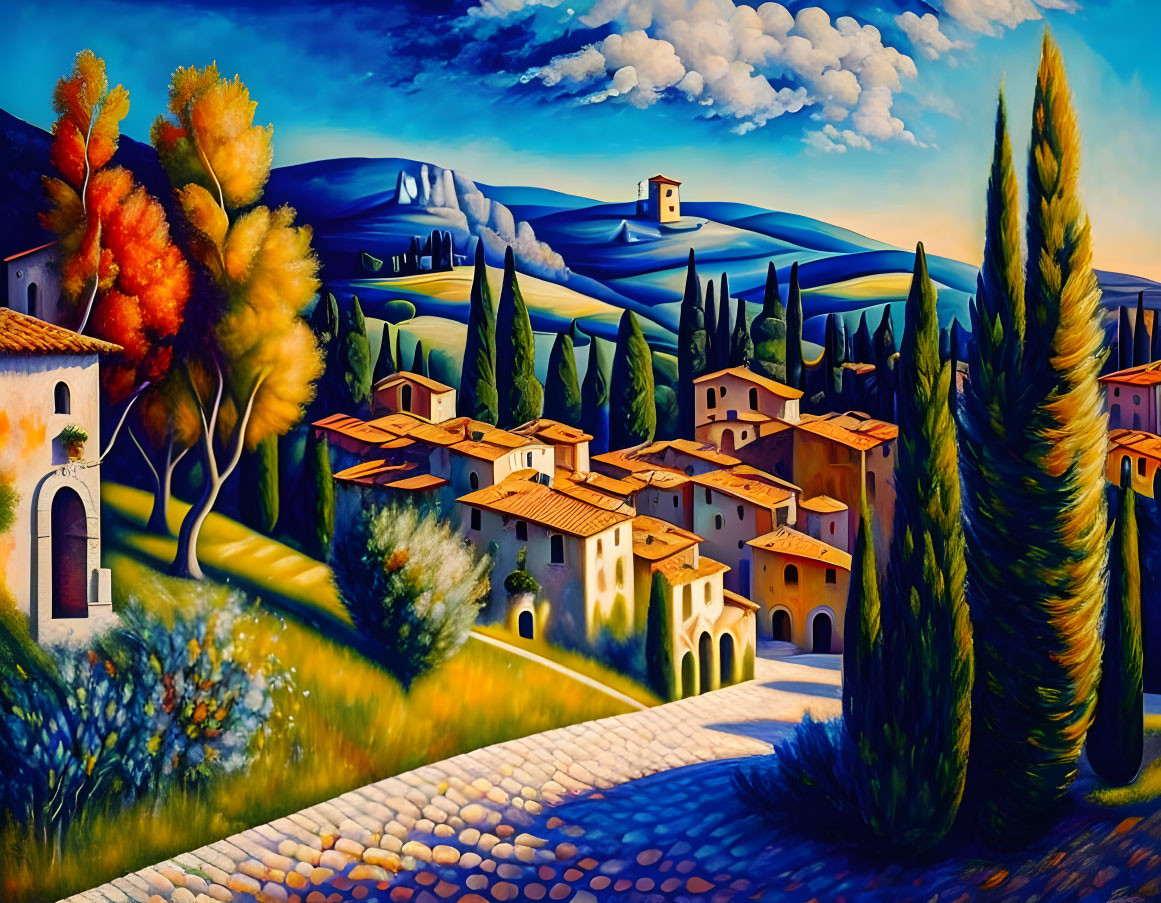 Tuscan landscape painting: cobblestone path, rolling hills, cypress trees