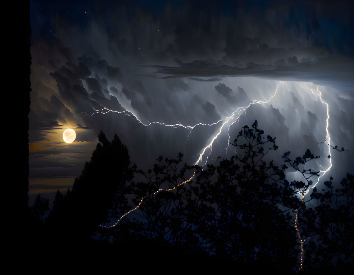 Stormy Night Sky with Lightning, Full Moon, and Tree Silhouettes