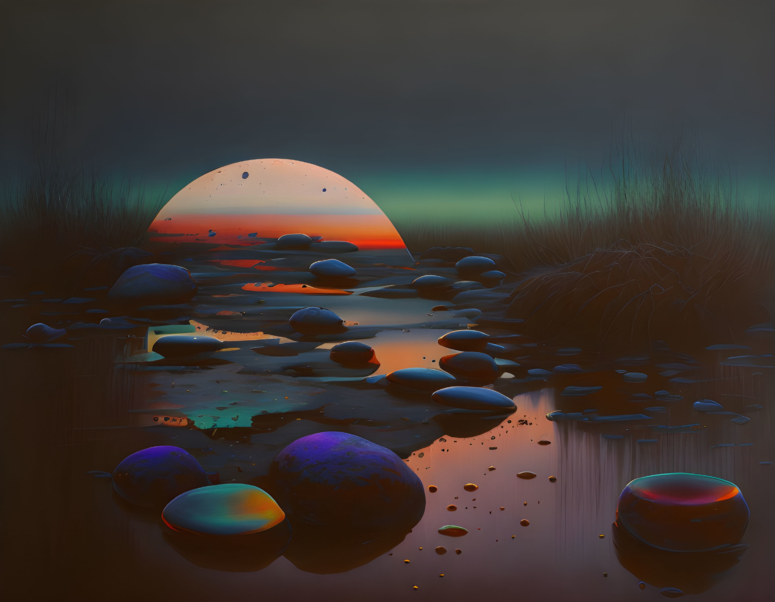 Surreal landscape at dusk: large moon, water reflection, dark stones, grass silhouettes